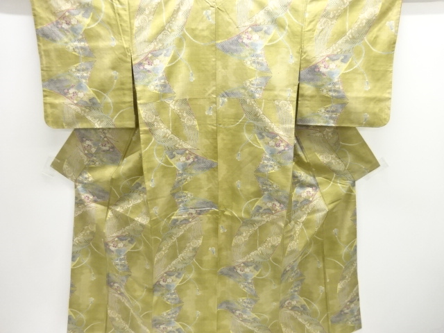 JAPANESE KIMONO / SILK / OSHIMA TSUMUGI / WOVEN FOLDING FAN & FLORAL PLANTS